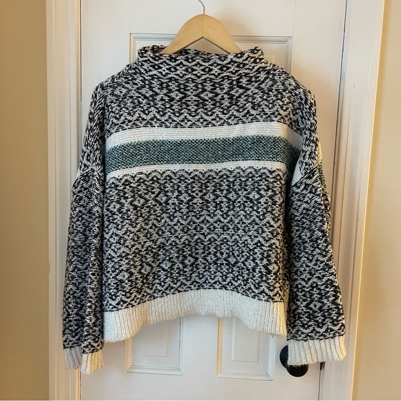 a.n.a black and white mock neck knit sweater with blue stripe - Picture 1 of 4